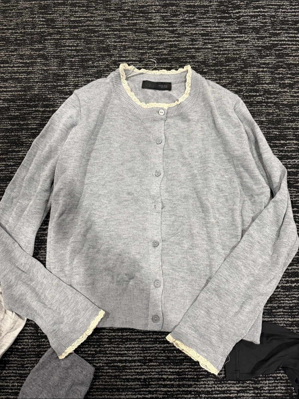 Zara Light Gray Cardigan with Cream Lace Trim